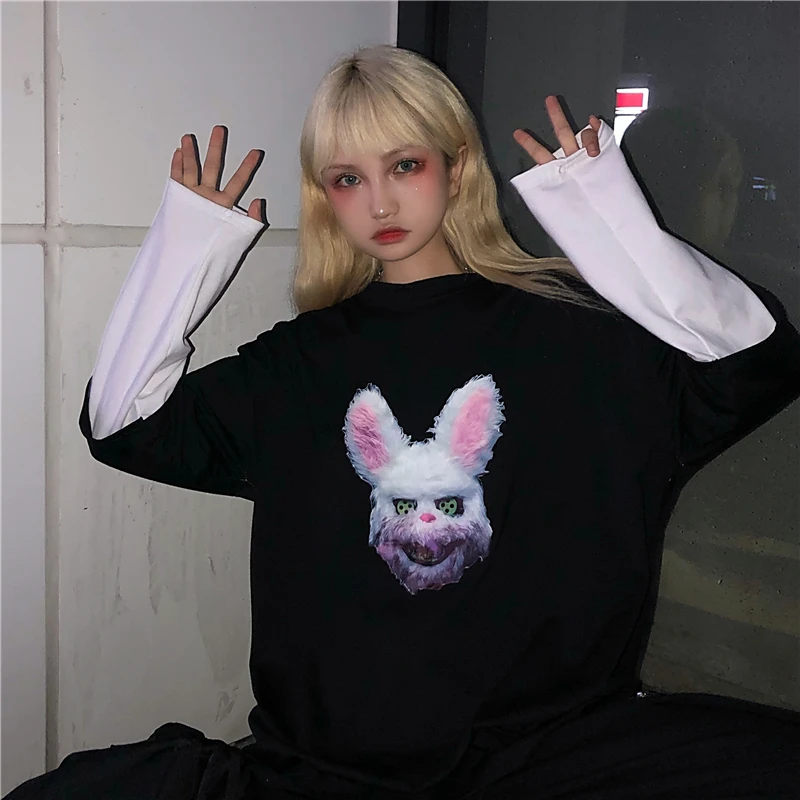 Lychee Harajuku, о-образный вырез, Лоскутная женская футболка, длинный рукав, Поддельные 2 штуки, осенние женские футболки, принт с темным Кроликом, женская футболка