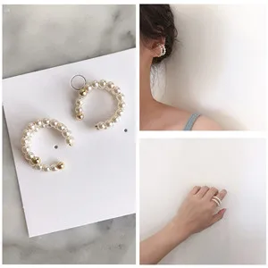 AOMU Korean Chic Style S925 Sterling Silver Pin Gold Metal Curved Wave Line Pearl Circle Earrings for Women Girl Jewelry Set