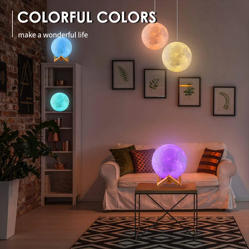 16 Colors Moon Lamp 3D Printing LED Night Light with Stand USB Rechargeable for Home Bedroom Decoration | Освещение