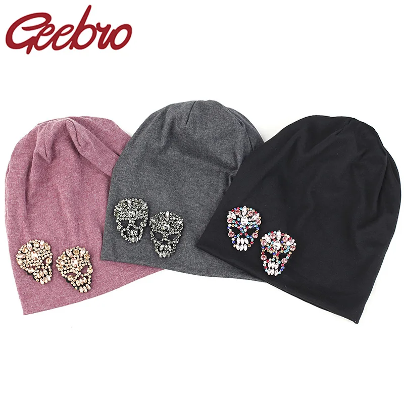 Geebro Зимние шапки Skullies Стразы для женщин мужчин Slouchy мягкий хлопок полиэстер
