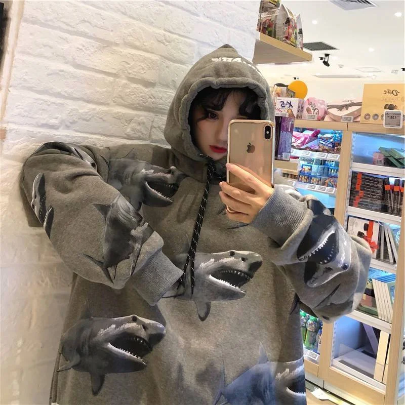 

Harajuku Shark Printed Hooded Oversized Loose Long Sleeve White Ulzzang Hoodie Streetwear Females Cool Animal Hoodie Funny