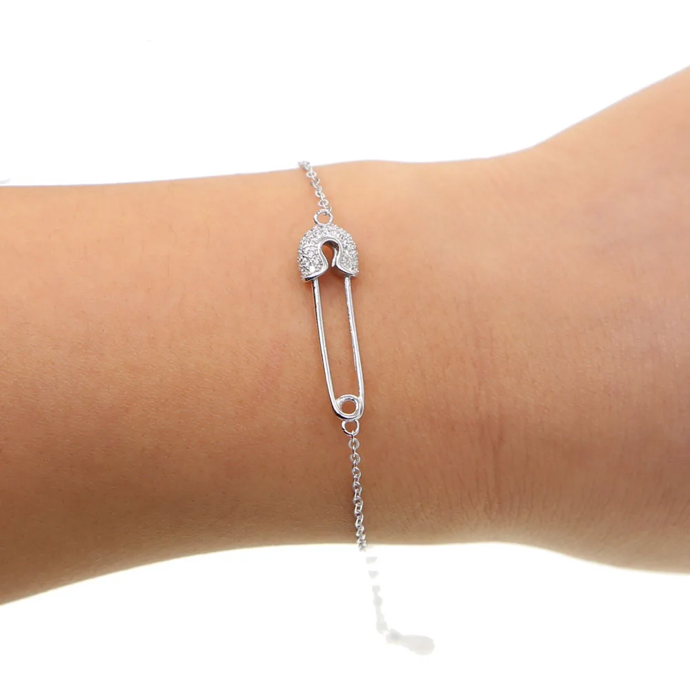 

Real 925 sterling silver delicate personalized jewelry micro paved sparking cz safety pin charm chain bracelets for womens gifts