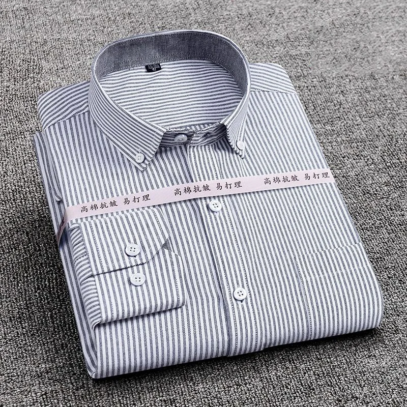 Mens Striped Plaid Oxford Long Sleeve Shirt Spinning Casual Comfortable Breathable Collar Button Design Slim Male Business Dress | Мужская
