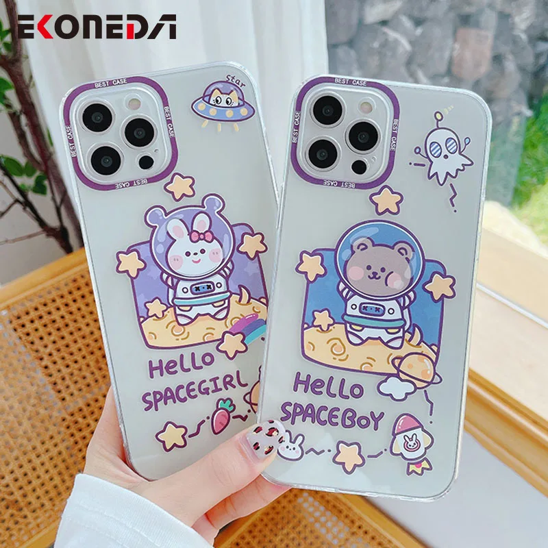 

EKONEDA Cartoon Cute Space Rabbit Bear Case For iPhone 11 12 Pro XS Max XR X 7 8 Plus Silicone Cases Soft TPU Protective Cover