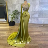 sexy satin maxi dress womens evening party gown with ribbon green draped crystals long mermaid prom dress 2021