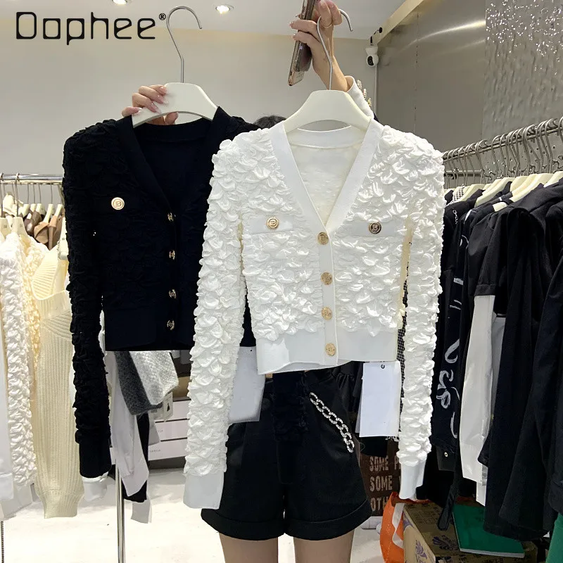 

2021 Autumn New Korean Style Fashion Design V-neck Pleated Versatile Casual Short Cardigan Elegant Outerwear Tops Women
