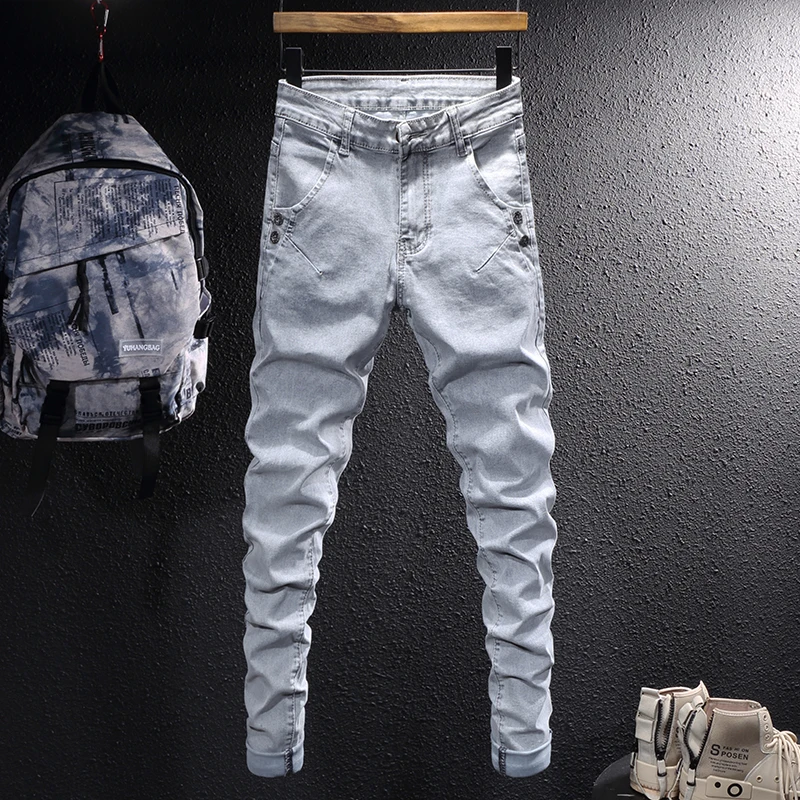 Newly Designer Fashion Men Jeans Retro Gray Elastic Vintage Slim Jeans Men Streetwear Korean Style Casual Denim Pencil Pants