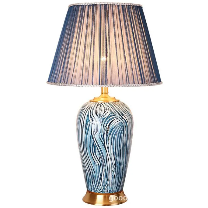 

Post-modern Fashion Blue Ceramic Table Lamp for Foyer Bed Room Study Blue Strips Porcelain Desk Decor Lamp 68cm 2521