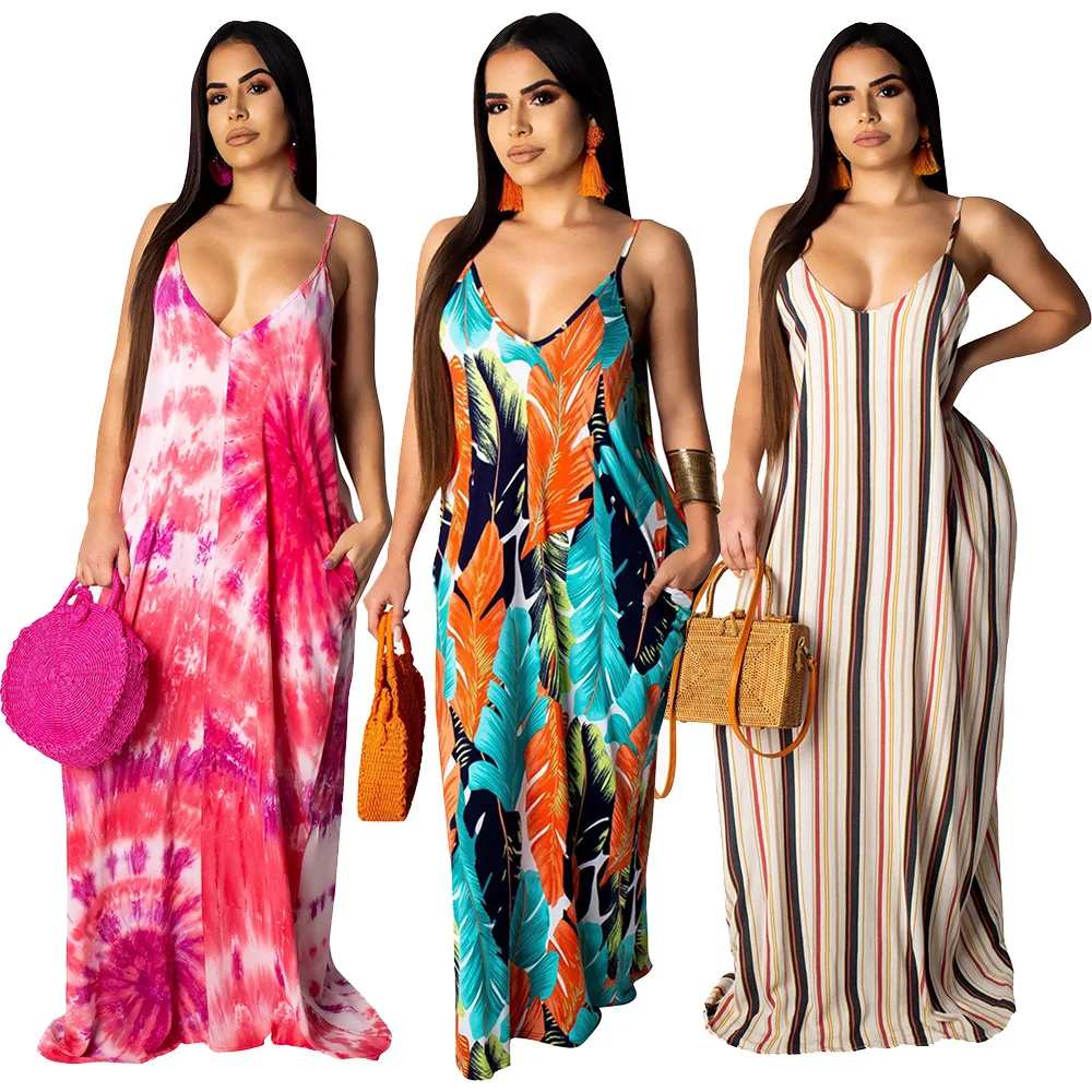 

2021 Summer Plus Size Loose Spaghetti Thin Strap Dress V-neck Cotton Maxi Dress Holiday Sundress Boho Style Vestidos De Mujer