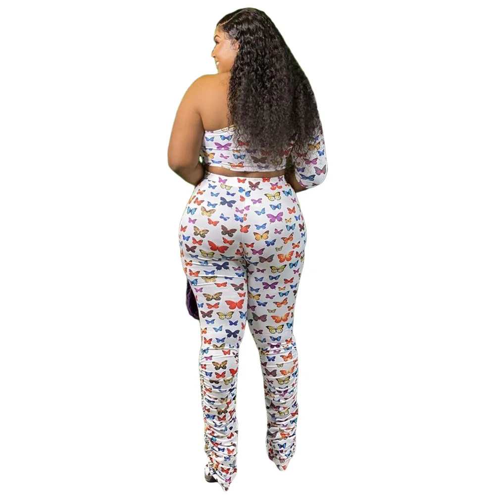 

Butterfly Print Plus Size Two Piece Outfit Women One Shoulder Half Sleeve Crop Tops and Stacked Jogger Pant Vintage Tracksuits
