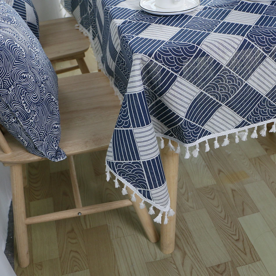 

Polyester Blended Table Cloth Rectangular Japanese Style Blue Table Cloth Cover Home Kitchen Dining Table Decoration