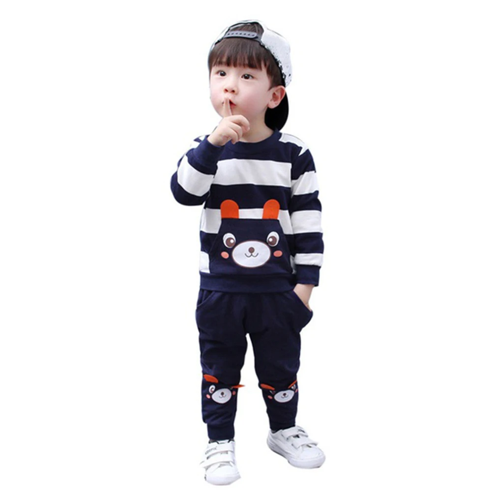 

Unisex Kids Baby Tops Pants Leggings Striped Bear Pattern Children Suit Round Neck long sleeve Cotton blended Outfits