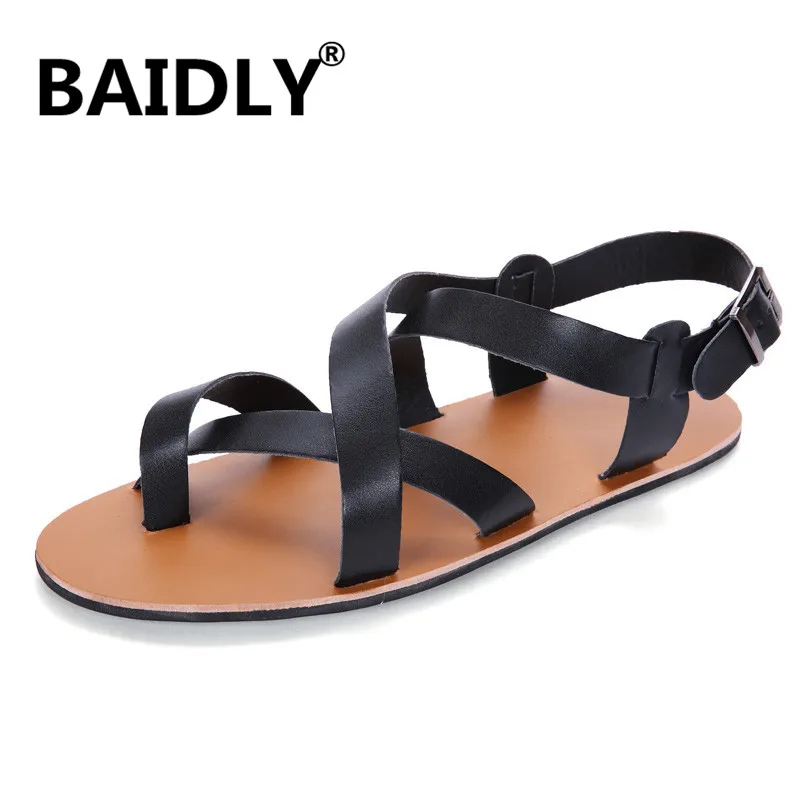 Сандалии гладиаторы мужские кожаные модные пляжные шлепанцы липучка брендовые