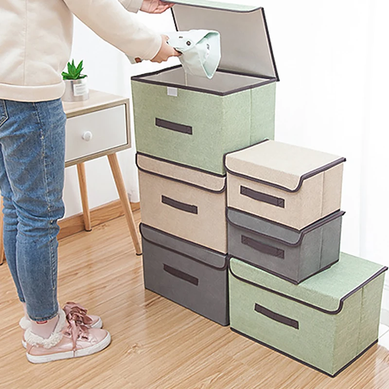 

Household Imitation Linen Foldable Dustproof Storage Box With Lid Multifunctional Sorting Organization Box For Clothes Sundries