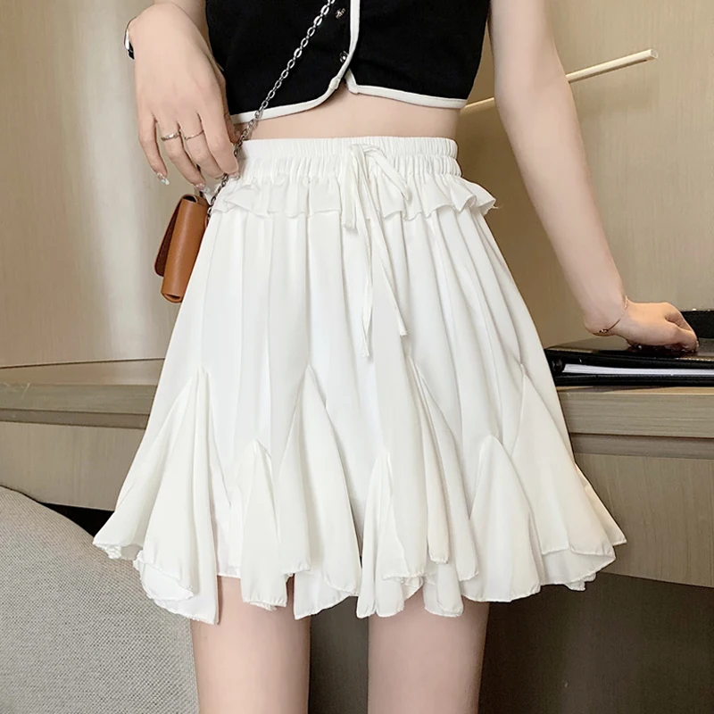 

Casual Summer Women Pleated Skirt High Waist Sweet Kawaii Daily Student Drawstring Stretch Waist Comfortable Bubble Midiskirt