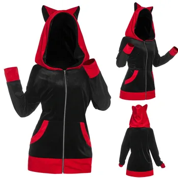 Fashion Women Cat Ears Hooded Sweatshirt Coat Autumn Winter Casual Patchwork Long Sleeve Pocket Zipper Plush Sweatshirts Outwear 1