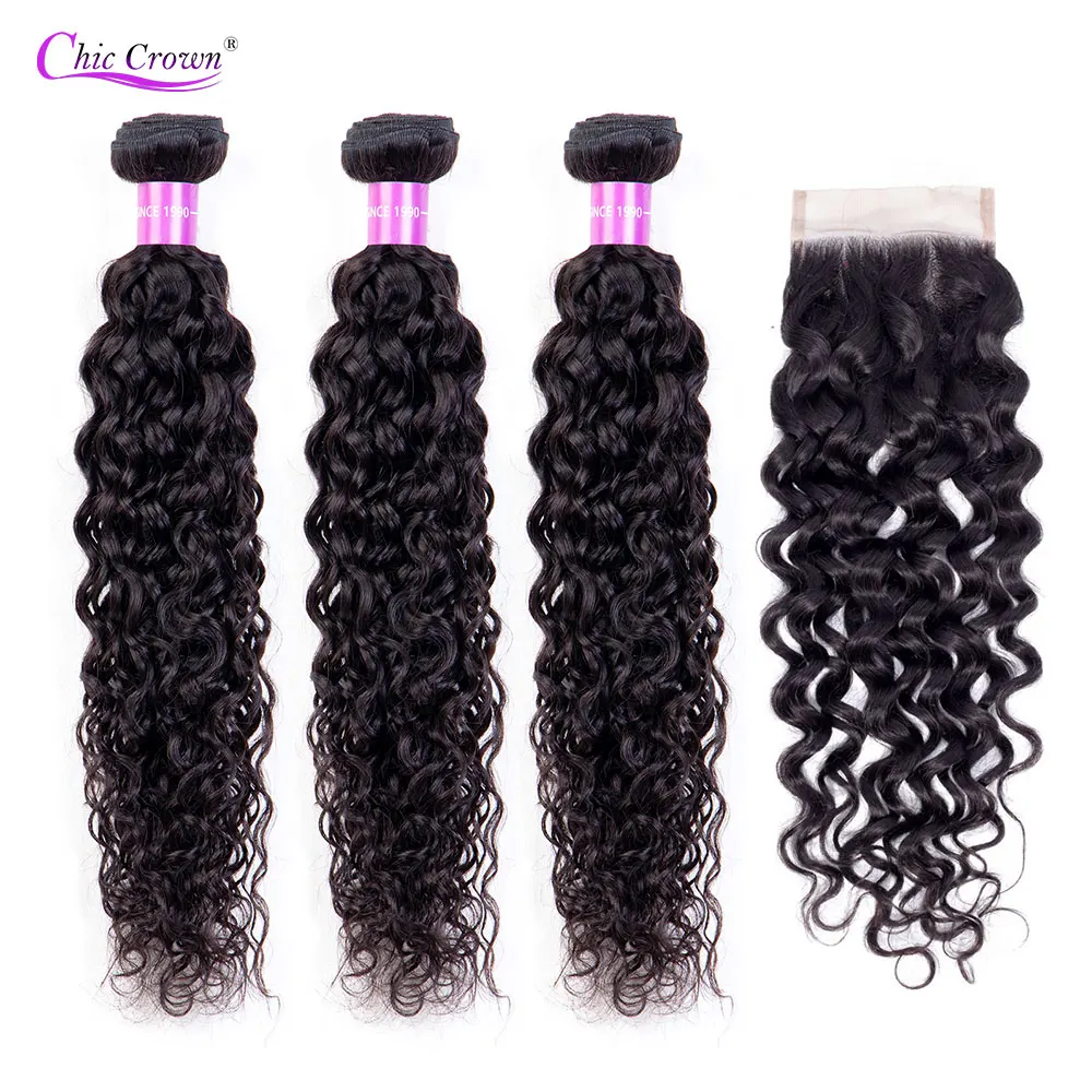 Водные волнистые пучки с закрытием 100% человеческих волос Плетение 3 пучка