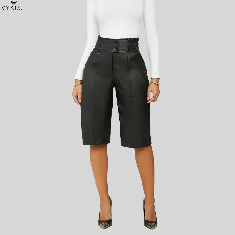 

Брюки женские прямые до колен, Модные свободные штаны из искусственной кожи, на молнии, на пуговицах, с карманами, офисные повседневные, осен...