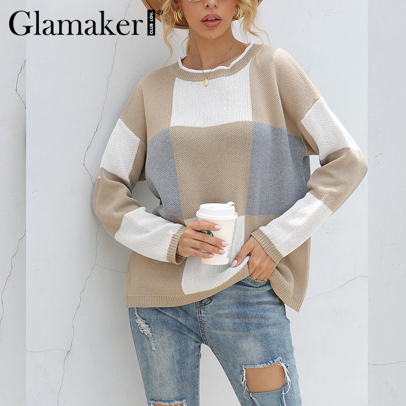 

Свитер Женский вязаный в клетку, с круглым вырезом, на осень/зиму, 2020