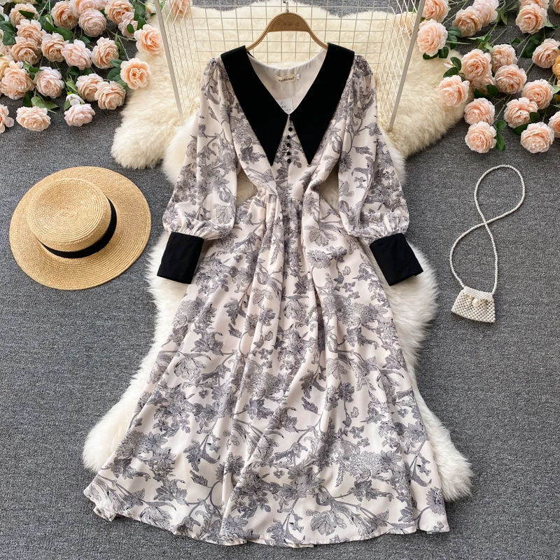 

Uulutonica Autumn Women Elegant Fashion A-line Floral Full Mid-calf Lantern Sleeve Empire Peter Pan Collar Dress