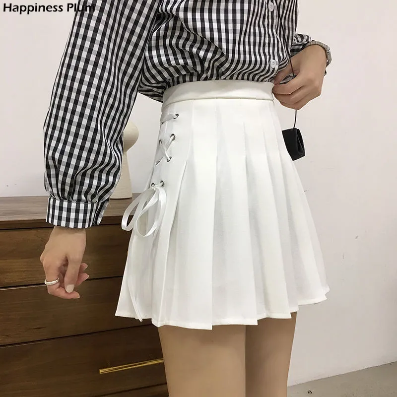 

Women Pleated Skirt Summer Solid A Line High Waist Mini Skirts Harajuku Gothic Punk Hip Hop Bow Lace-Up Preppy Girls Sexy Skirt