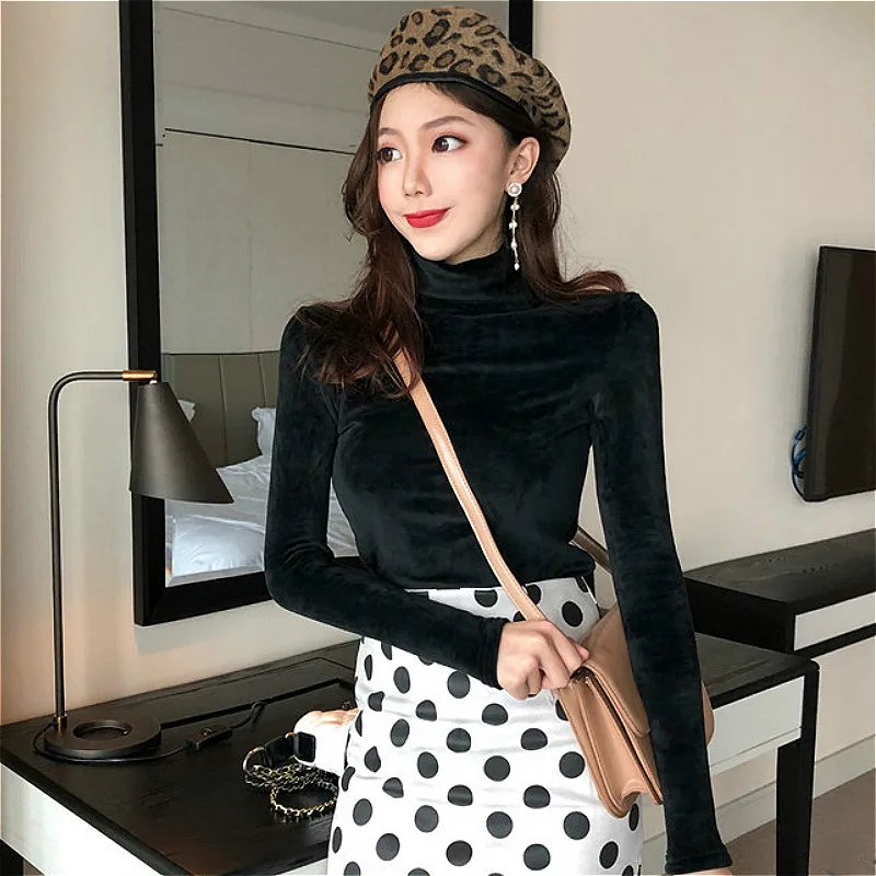 T-shirts Women Thickening Plus Velvet Solid Turtle Neck 7 Colors Long Sleeve Slim Lady Autumn Basic Tee All-match 2020 New Chic | Женская