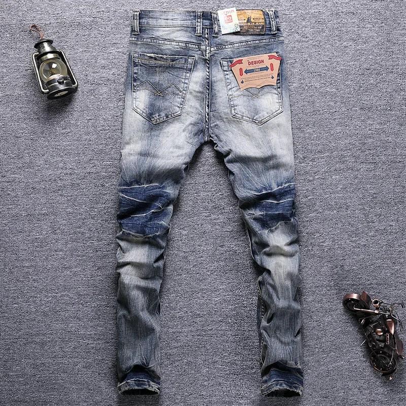European Vintage Fashion Men Jeans Retro Blue Elastic Slim Fit Ripped Jeans Men Distressed Patchwork Designer Casual Denim Pants