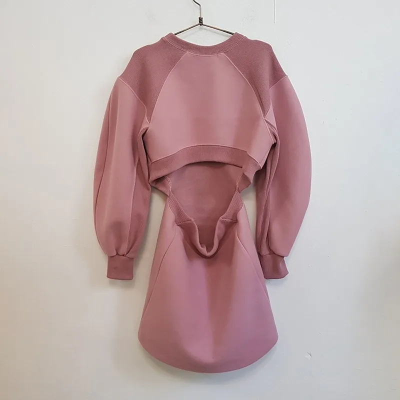 Женское мини-платье с длинным рукавом DEAT корейское платье-свитер буфами модель