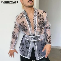 men shirt printed mesh see through open stitch long sleeve tops with belt streetwear 2021 sexy casual party camisa incerun s 5xl