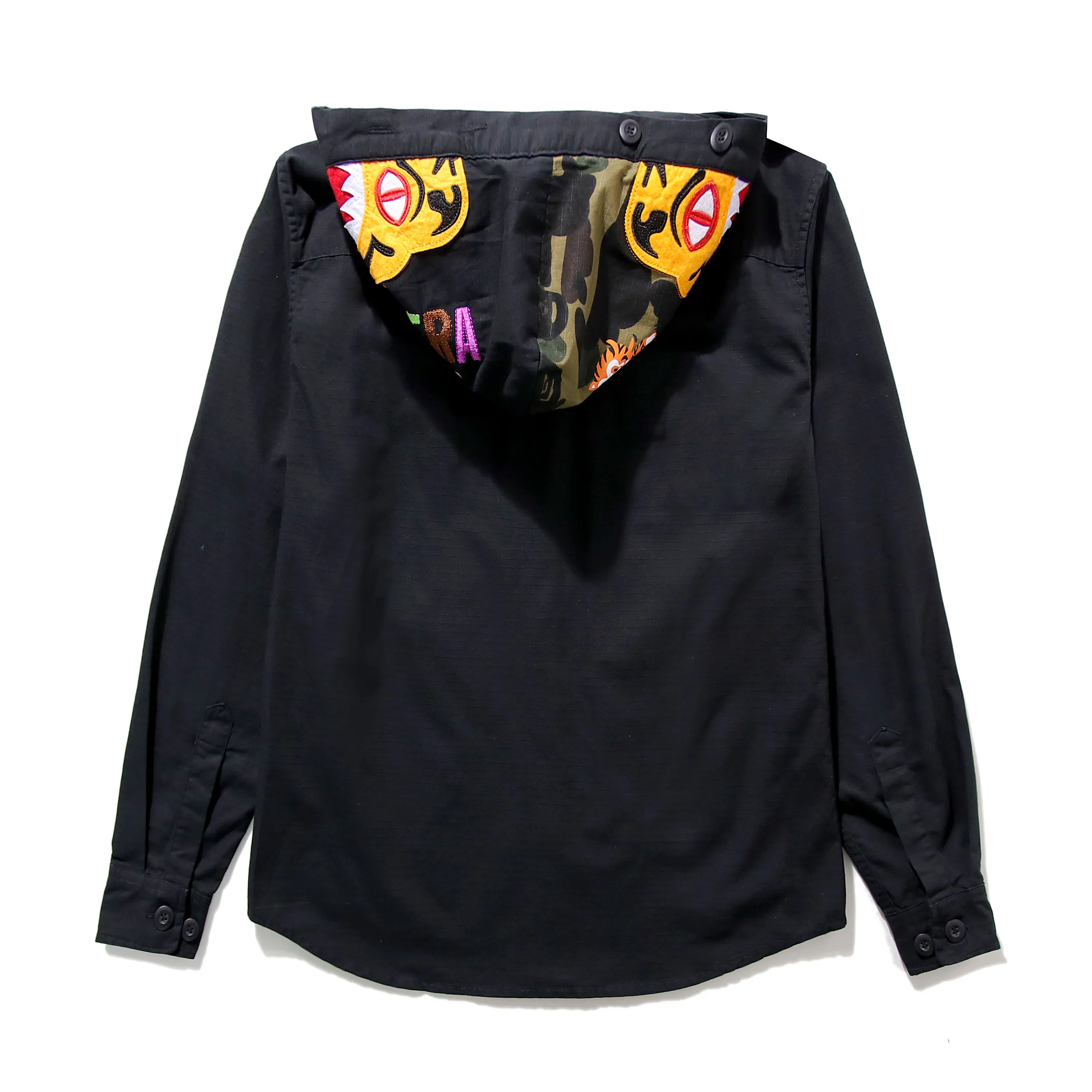 

Tiger Head Hooded Button Shirt Shirt Black & White M-2XL