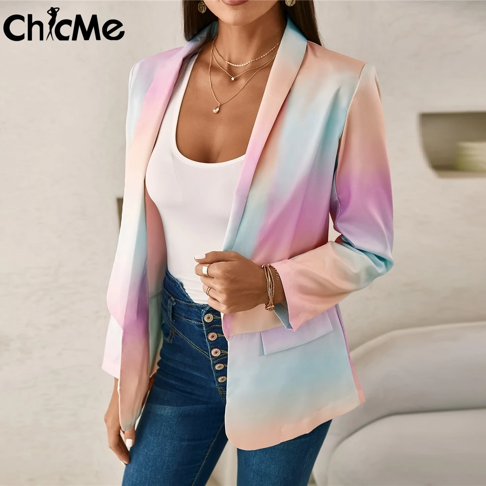 

Chicme Autumn Women Ombre Colorblock Long Sleeve Blazer Office Lady Notched Collar Open Front Elegant Coat Casual Workwear