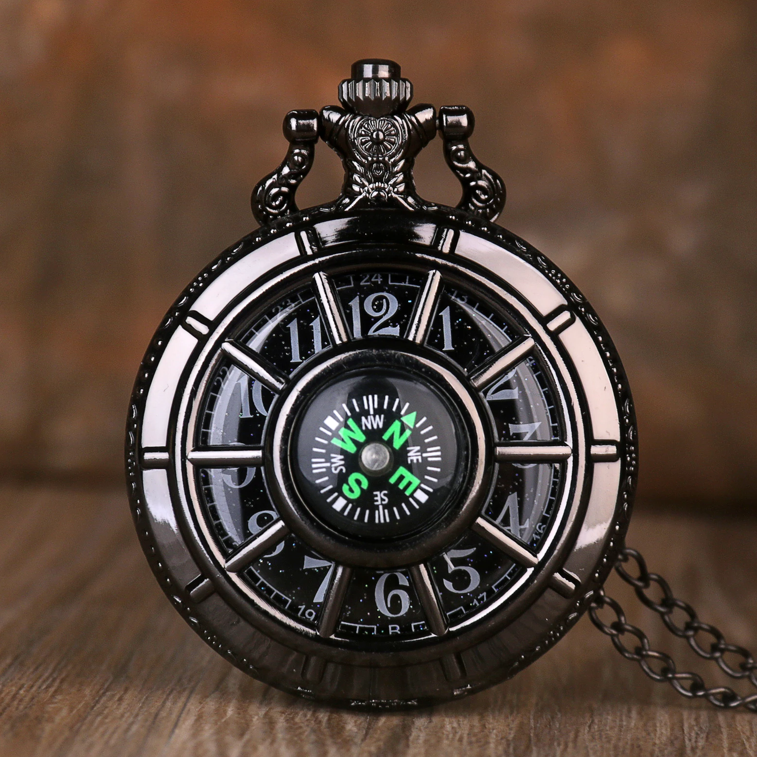 

Compass Fashion Design Vintage Hollow Skeleton Pocket Watch Black Starry Round Dial Antique Pendant Clock Gifts Men Women