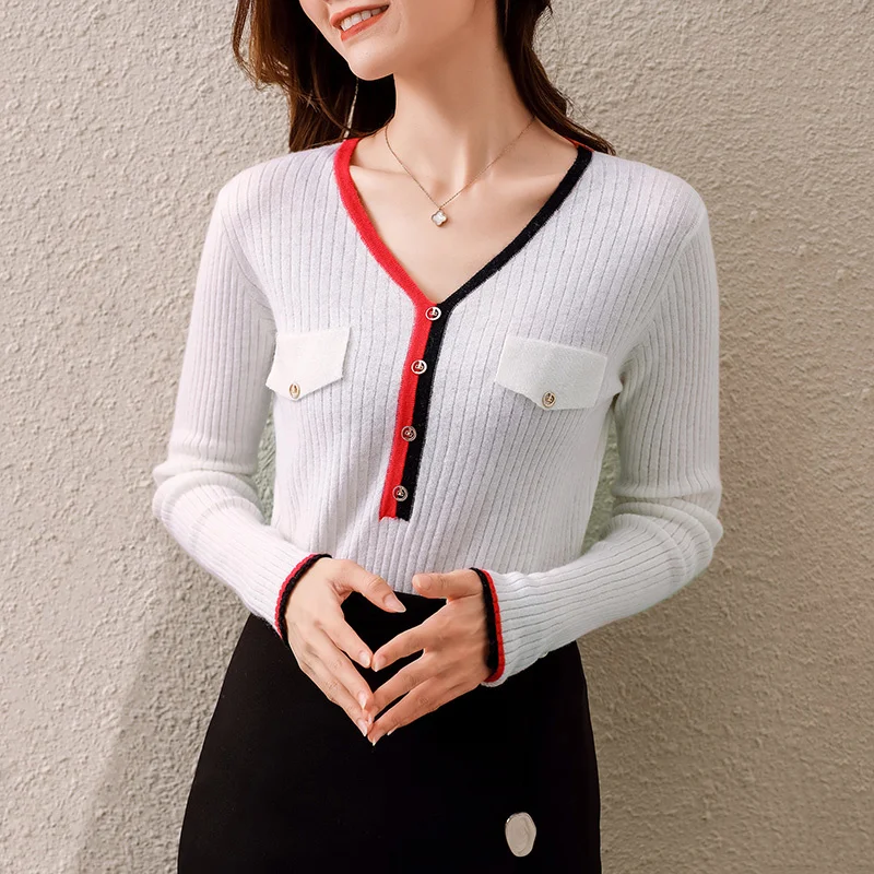 

Hot Sale 100% Merino Wool Knitwear Woman V-neck Long Sleeve 4Colors Top Quanlity Jumpers High Elastic Ladies Clothes