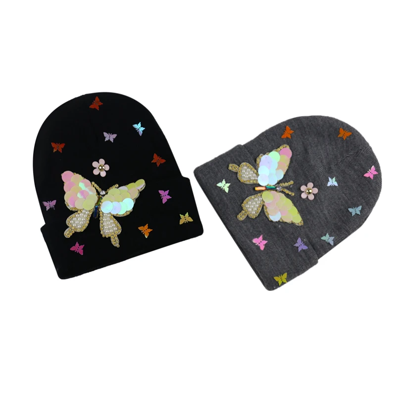 Модная блестящая белая серая шапочка с бабочкой блестками gorros Mujer invierno Skullies