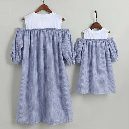 Летние Семейные комплекты повседневные платья в полоску для мамы и дочки|Детские