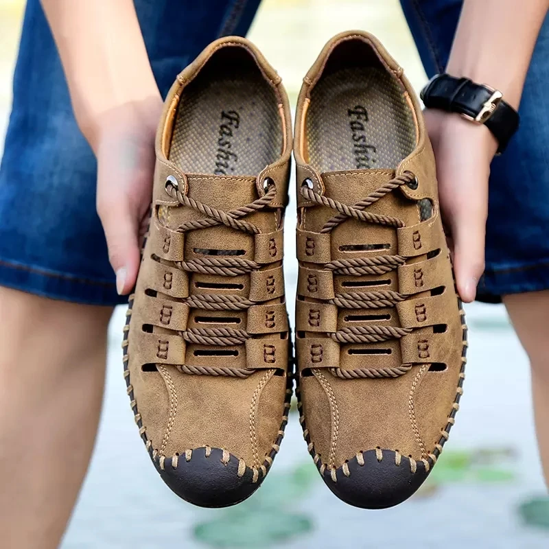 

Men's Summer Sandals Leather Wrap Lace Up Sandals Hollow Soft Bottomed Non Slip Beach Shoes Comfortable Outdoor Walking Shoes