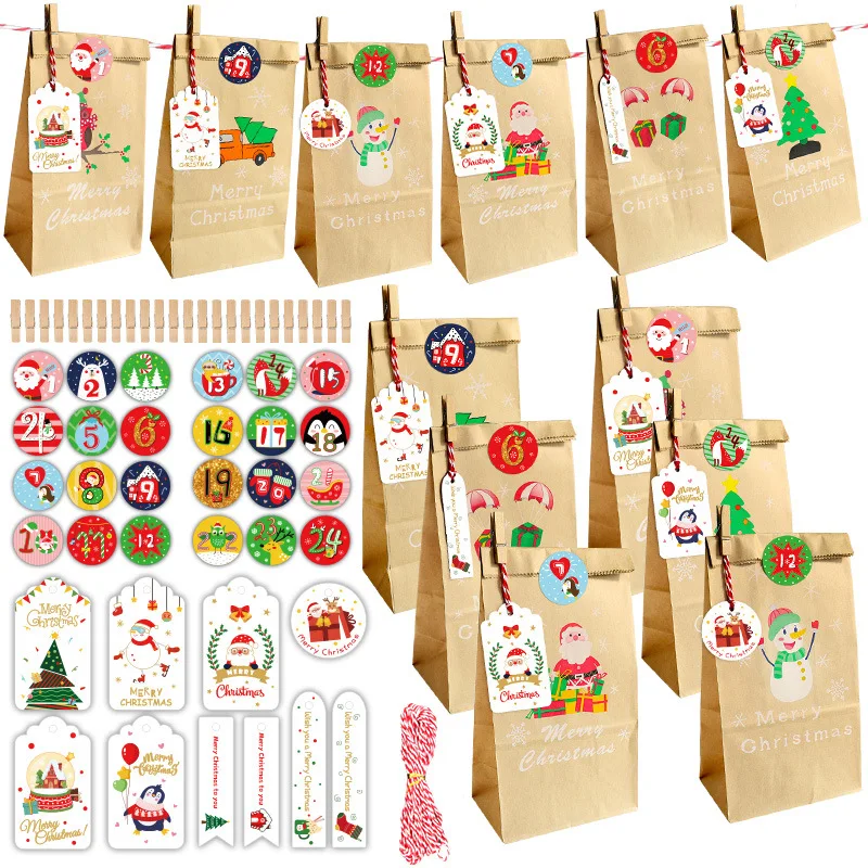 

24 sets Kraft Paper Christmas Gift Bags Party Favor Treat Packing Set Cookies Pouch with Xmas Stickers New Year 2022 Candy Bags