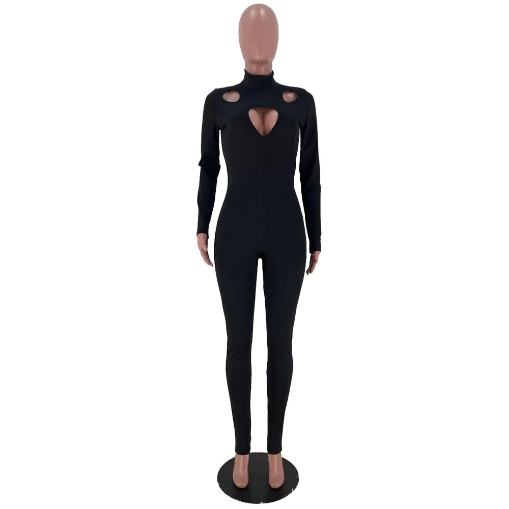 

Zoctuo Jumpsuit For Women New Heart-Shaped Hollow Out Solid Jumpsuit Spring Summer Sexy Elegant Party Club Long Sleeve Romper