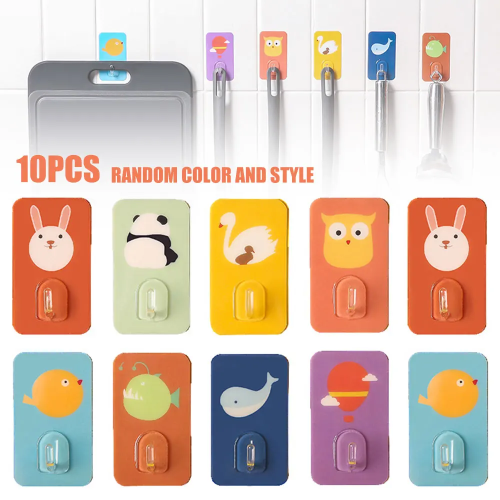 

10pcs Cartoon Sticky Hooks Door Wall Hangers for Kitchen Bathroom Wall Hooks Waterproof Strong Self Adhesive Decorative Hook