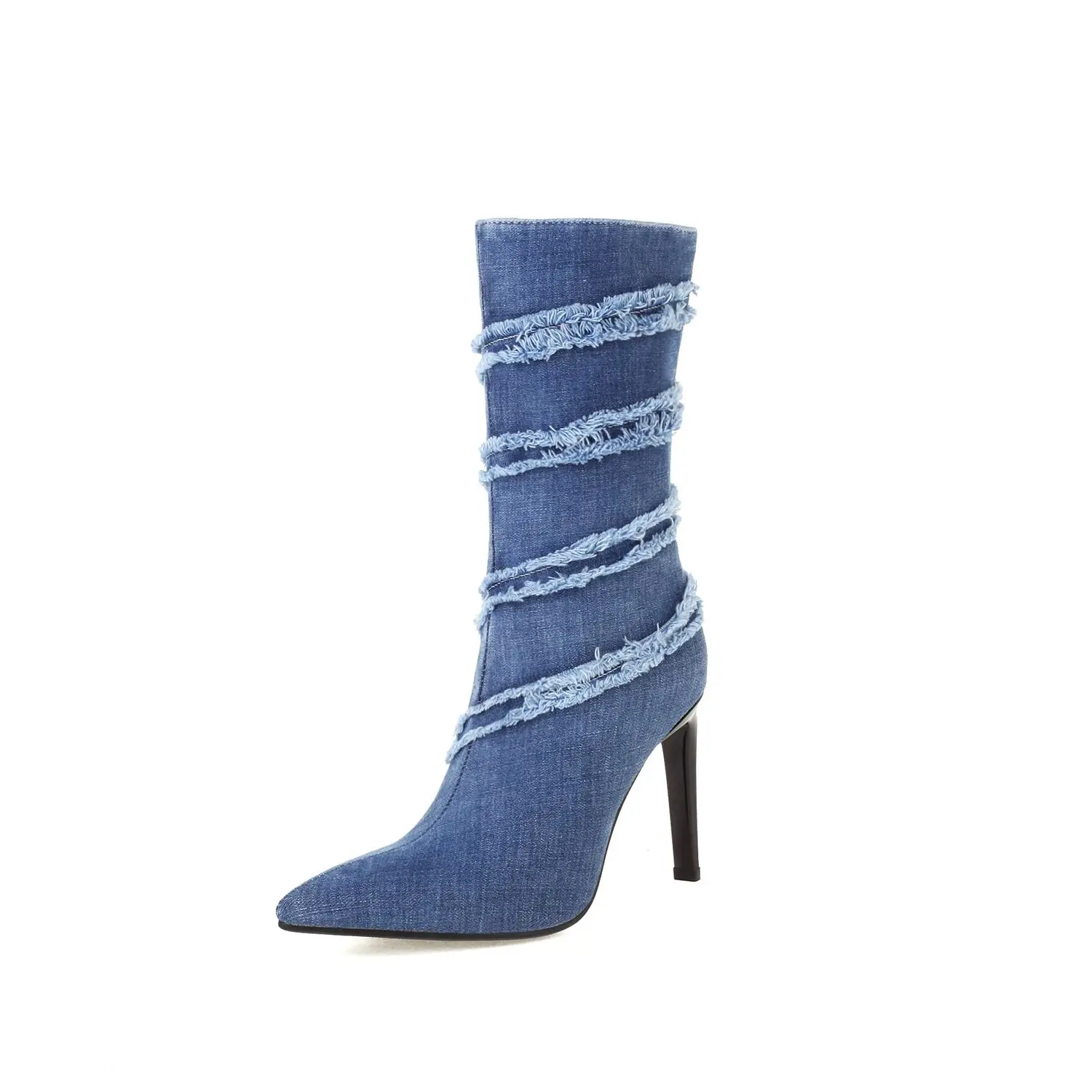 

MKKHOU Fashion Short Boots Women's New Denim Pointed Tassel Fine Heel 9.5 cm High Heel Boots All-match Medium Boots Large Size