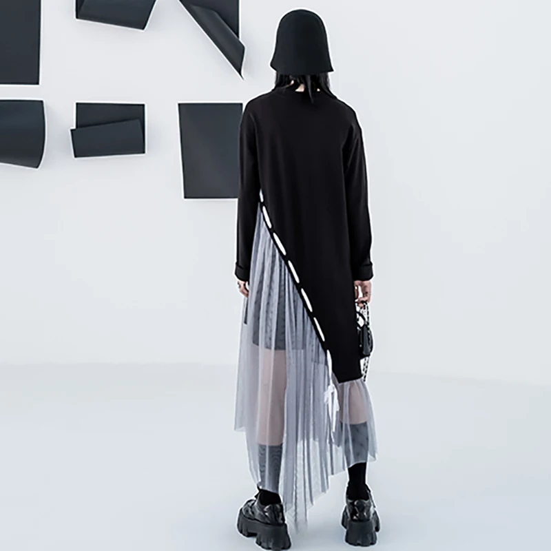 

SHENGPLLAE Irregular Mesh Stitching Dress Women's Spring 2021 New Round Neck Loose Long Sleeve Loose Maxi Dresses Female 5B292