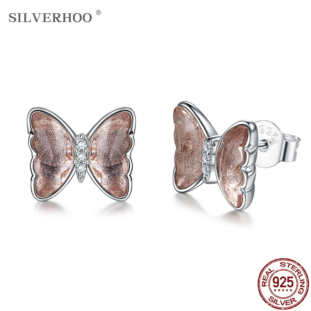 

SILVERHOO 925 Sterling Silver Earring Luxury Butterfly Women Earrings Pink Austria Crystal Fine Jewelry Hot Selling Party Gift