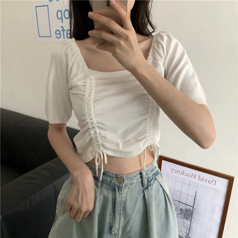 

New Tops Women Drawstring Tops Sexy Tops For Women Cotton Tops Women's pleated square neck short sleeve t-shirt FOR2021