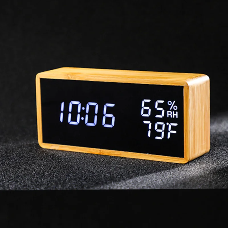 

Digital Alarm Clocks Bamboo Wooden USB Charge LED Display with Mirror Temperature Digital Watch Home Bedroom Office Study Decor