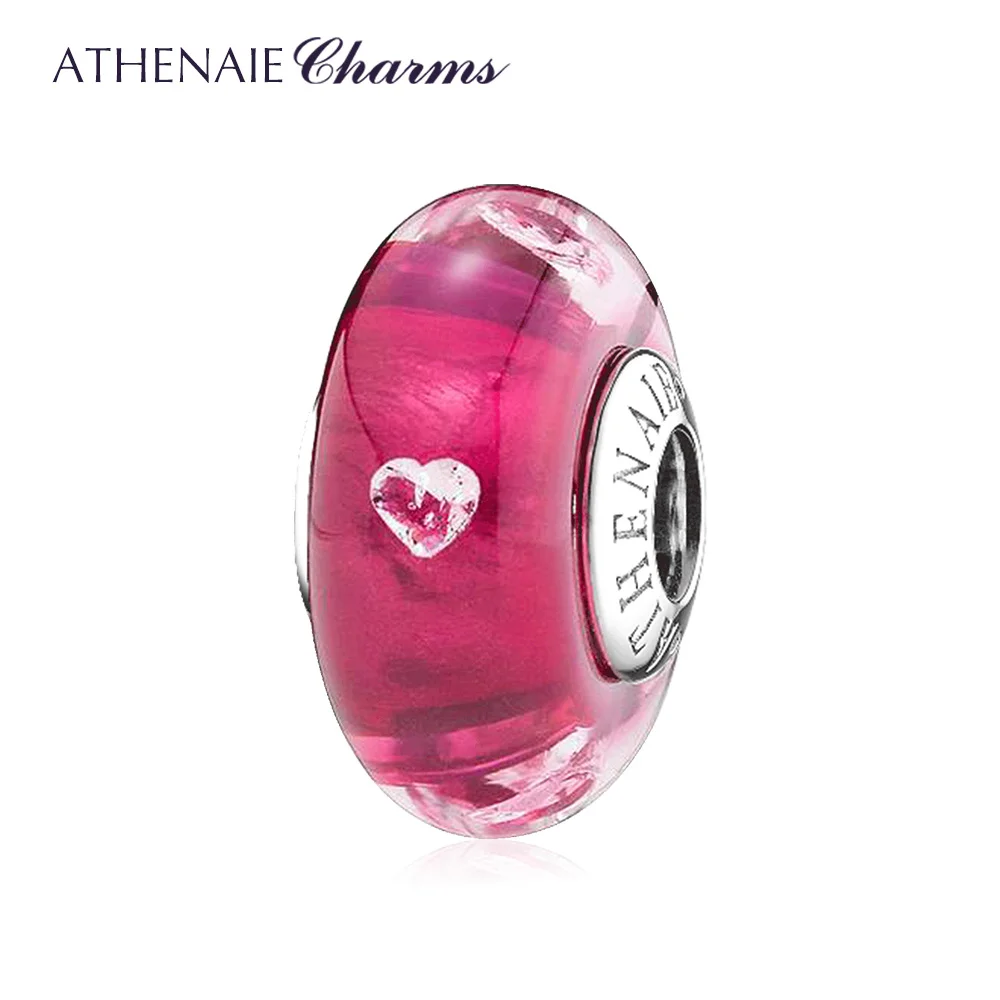 ATHENAIE Authentic 925 Sterling Silver  Cerise Pink Murano Glass Beads CZ Heart Charms Fit Bracelet Women Valentine's Day Gift