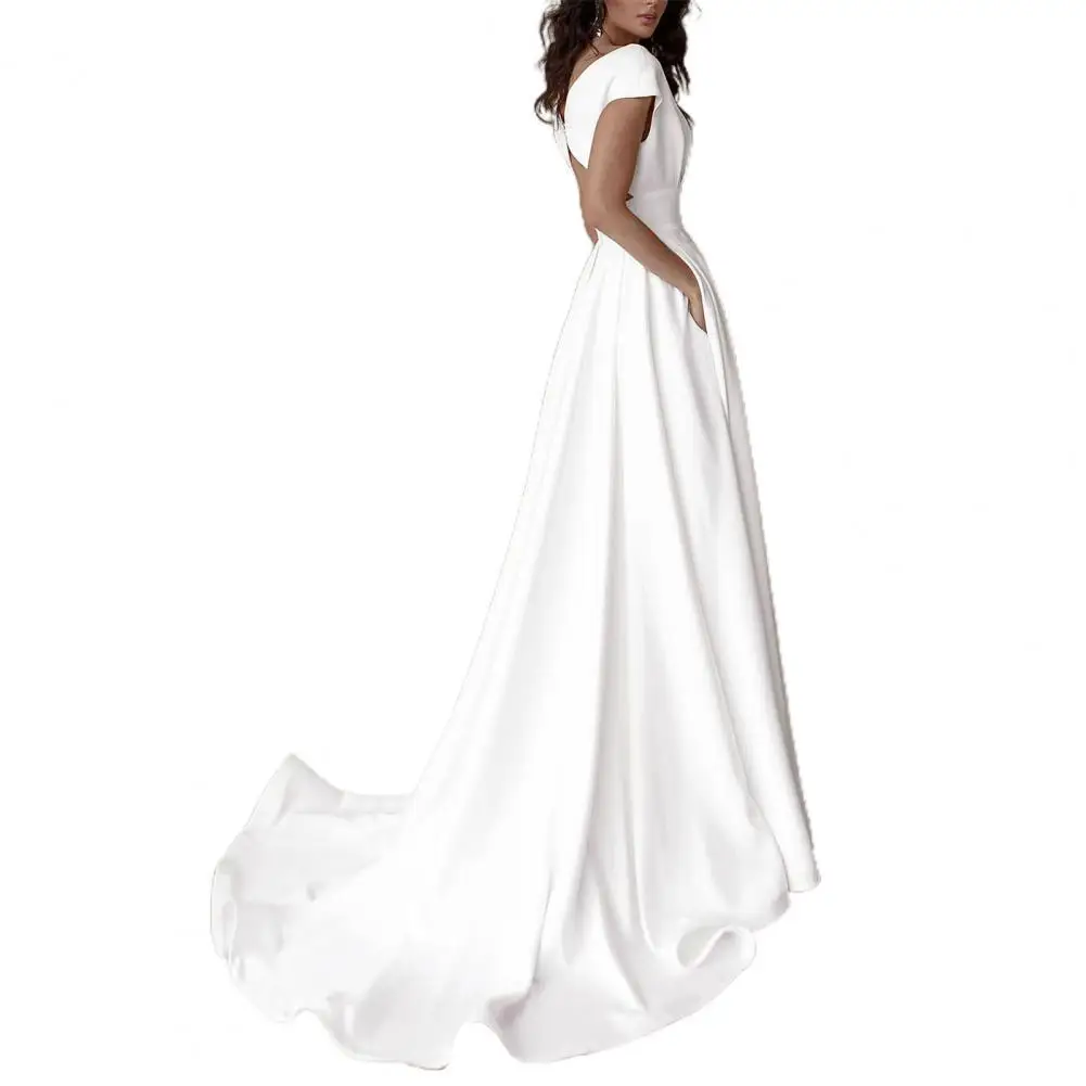

Women Fashion Sexy Elegant V-neck Party Dress White High Waist Side Split Floor-Length Dress With Pockets for Banquet Party