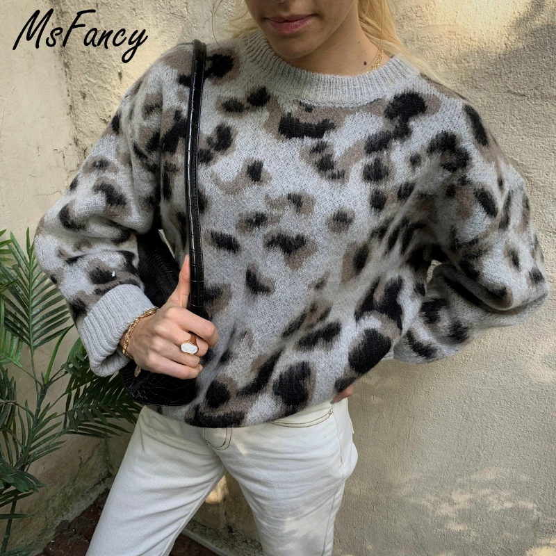

2020 Leopard Knitted Sweater Women Vintage O-Neck Oversized Pullover Winter Thick Warm Sweater SS8615