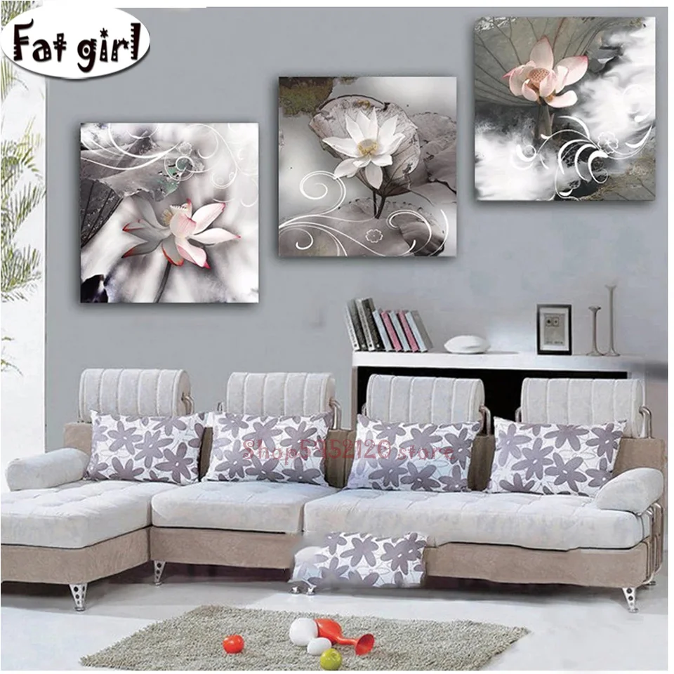 

Алмазная живопись 5D "сделай сам", квадратная круглая мозаика с цветком лотоса, современный Триптих, домашний декор