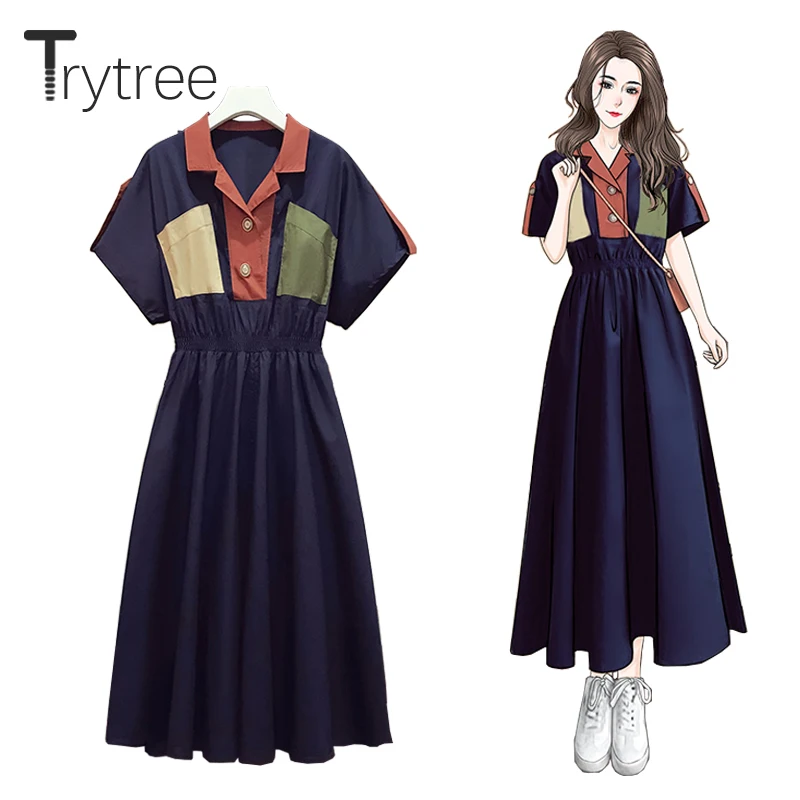 

Trytree Summer Womens Dress Casual Turn-down Collar Panelled Pockets Elastic Waist Office Lady Buttons Shirt Dress Ankle-length