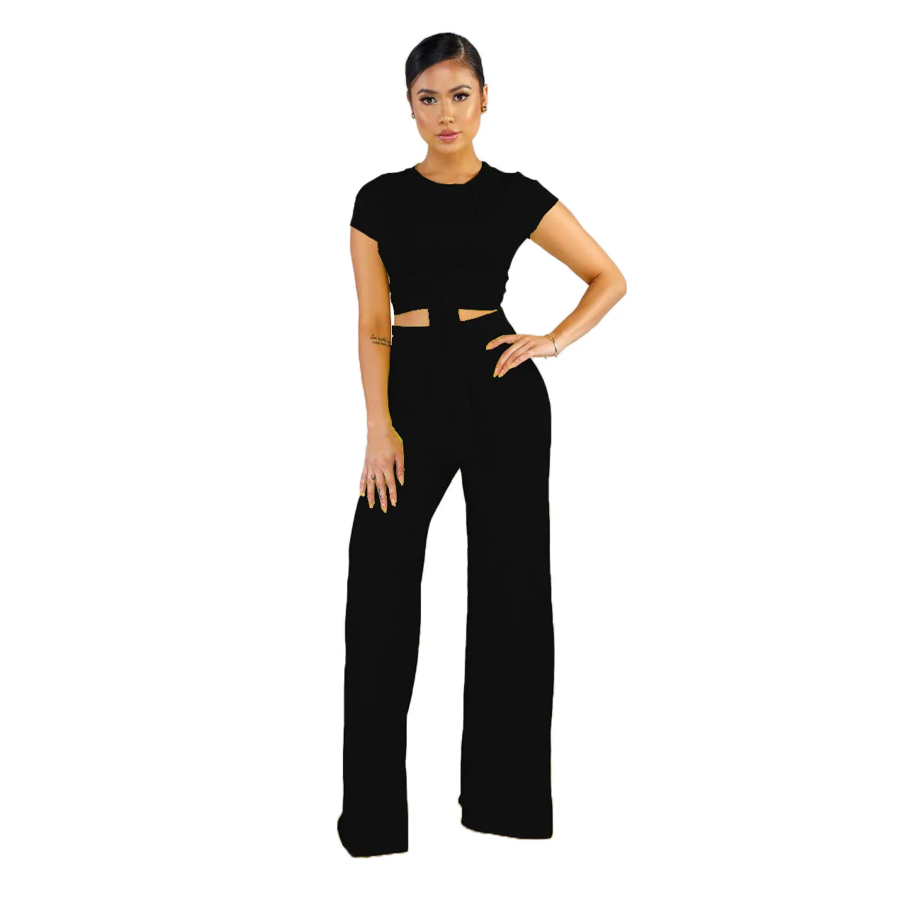 

S-XXL Womens Casual Lace Up Crop Top and Wide Leg Long Pants Jumpsuits Set 2 Pieces Outfits with Pockets